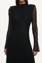 Hunter Elegant Contour Long Sleeve Crystal Lace Black Maxi Dress	