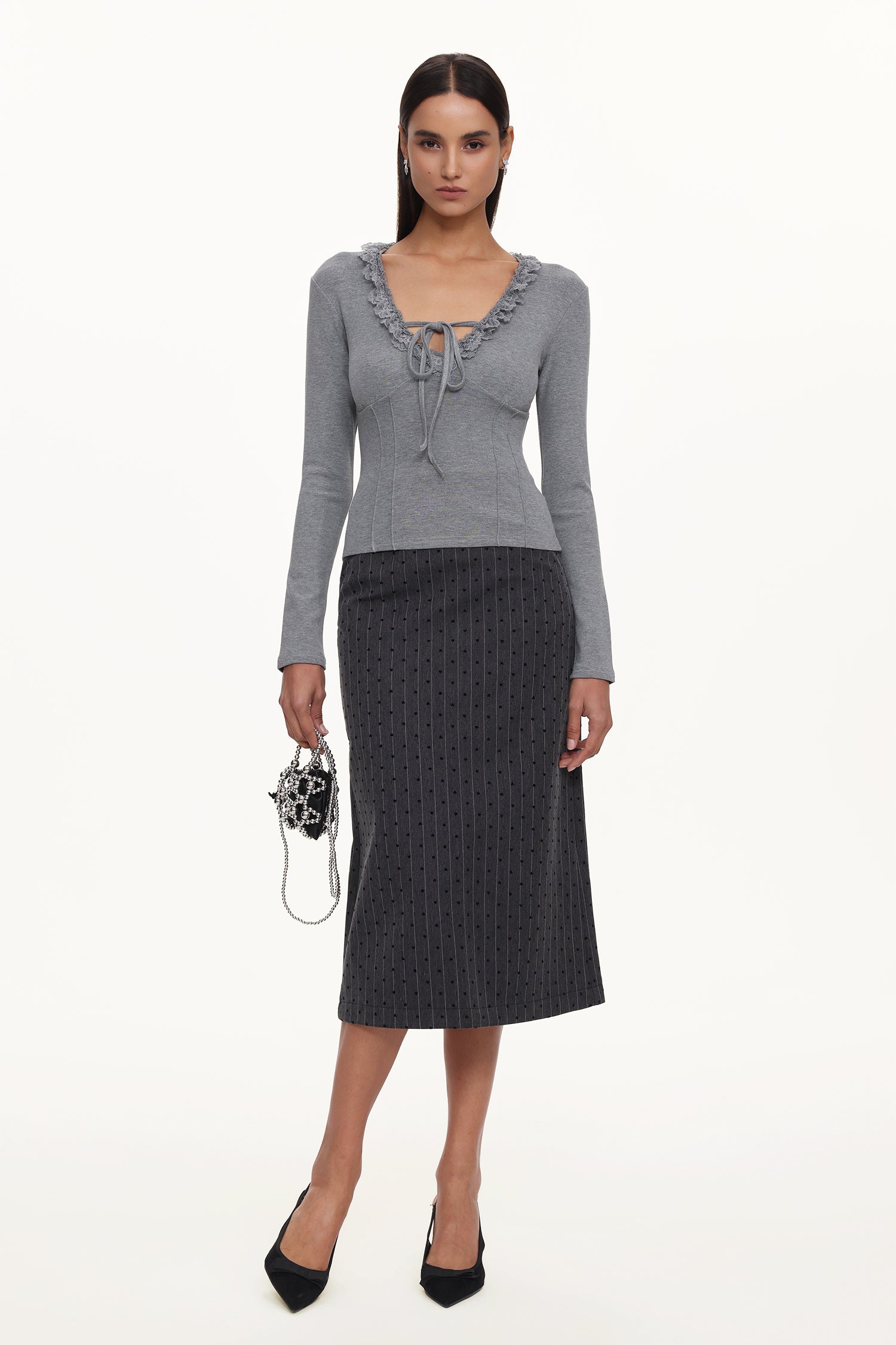 Jenny Chic Contour V Neck Long Sleeve Lace Knit Top	
