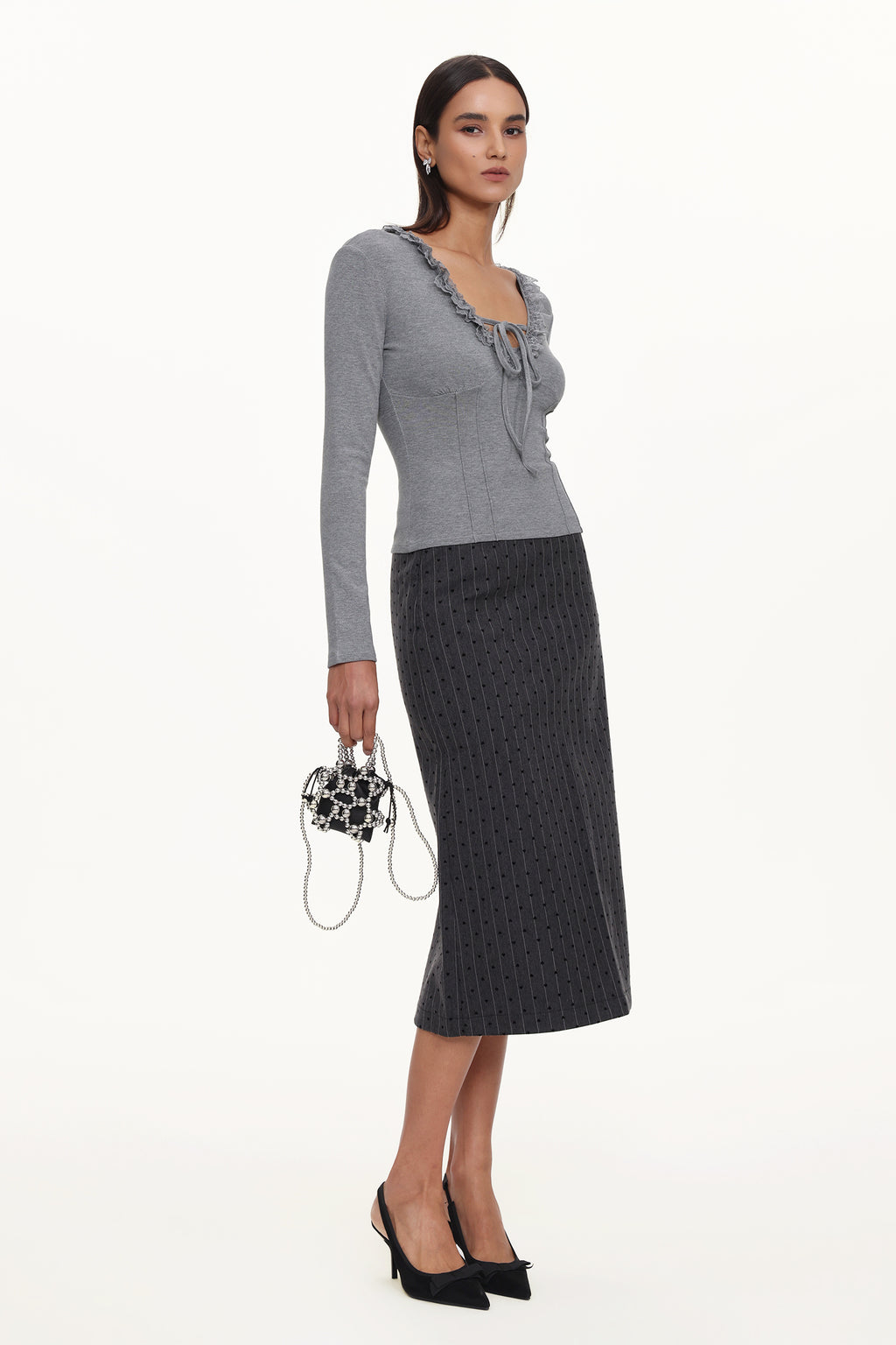 Jenny Chic Contour V Neck Long Sleeve Lace Knit Top	