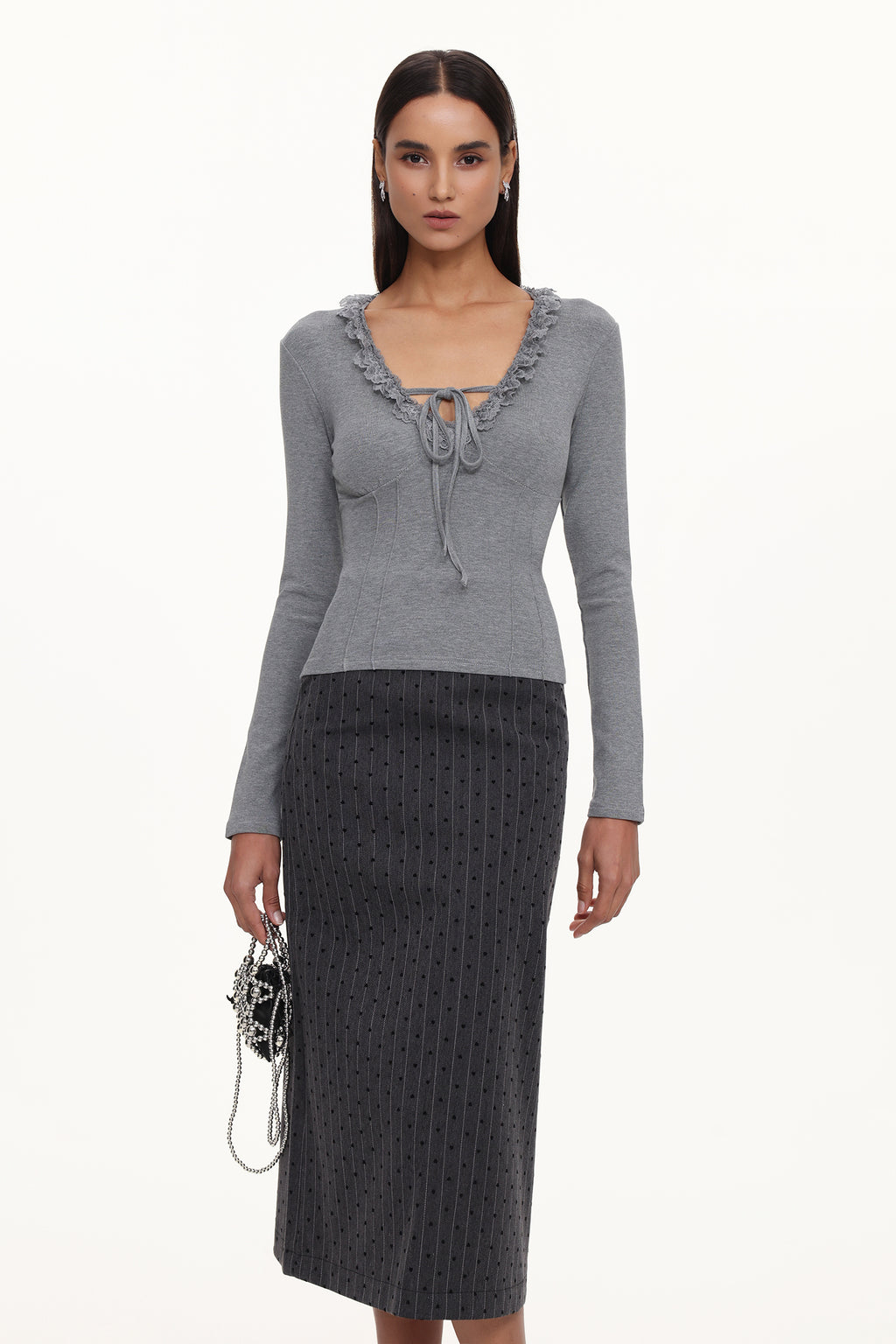 Jenny Chic Contour V Neck Long Sleeve Lace Knit Top	