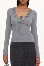 Jenny Chic Contour V Neck Long Sleeve Lace Knit Top	
