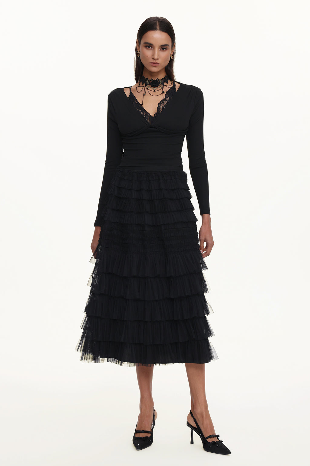 Tihila Romantic Contour V Neck Long Sleeve Buttoned Layered Lace Maxi Dress	