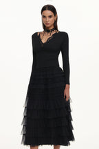 Tihila Romantic Contour V Neck Long Sleeve Buttoned Layered Lace Maxi Dress	