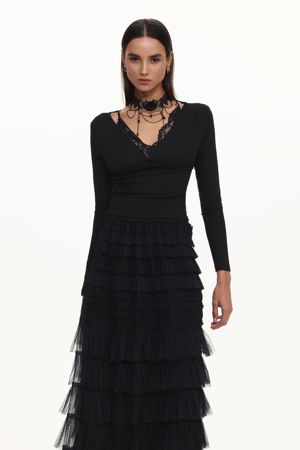 Tihila Romantic Contour V Neck Long Sleeve Buttoned Layered Lace Maxi Dress	