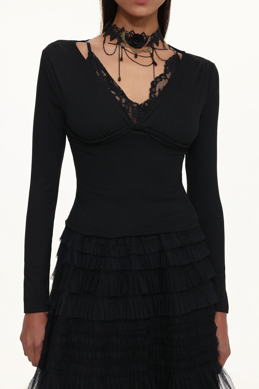 Tihila Romantic Contour V Neck Long Sleeve Buttoned Layered Lace Maxi Dress	
