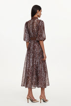 Vakana Resort Flowy Puff Sleeve Floral Woven Brown Maxi Dress	