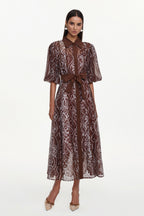 Vakana Resort Flowy Puff Sleeve Floral Woven Brown Maxi Dress	