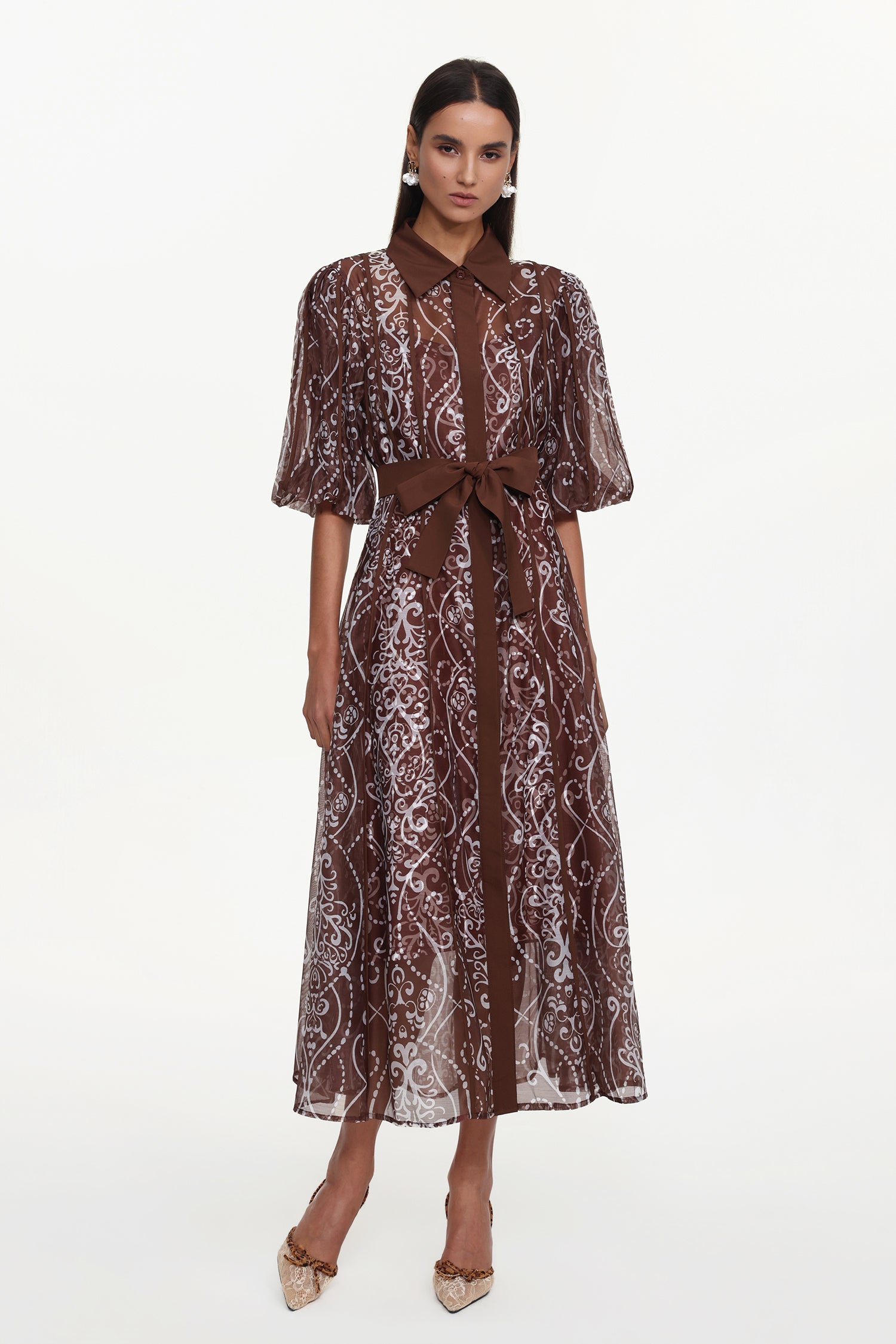 Vakana Resort Flowy Puff Sleeve Floral Woven Brown Maxi Dress	