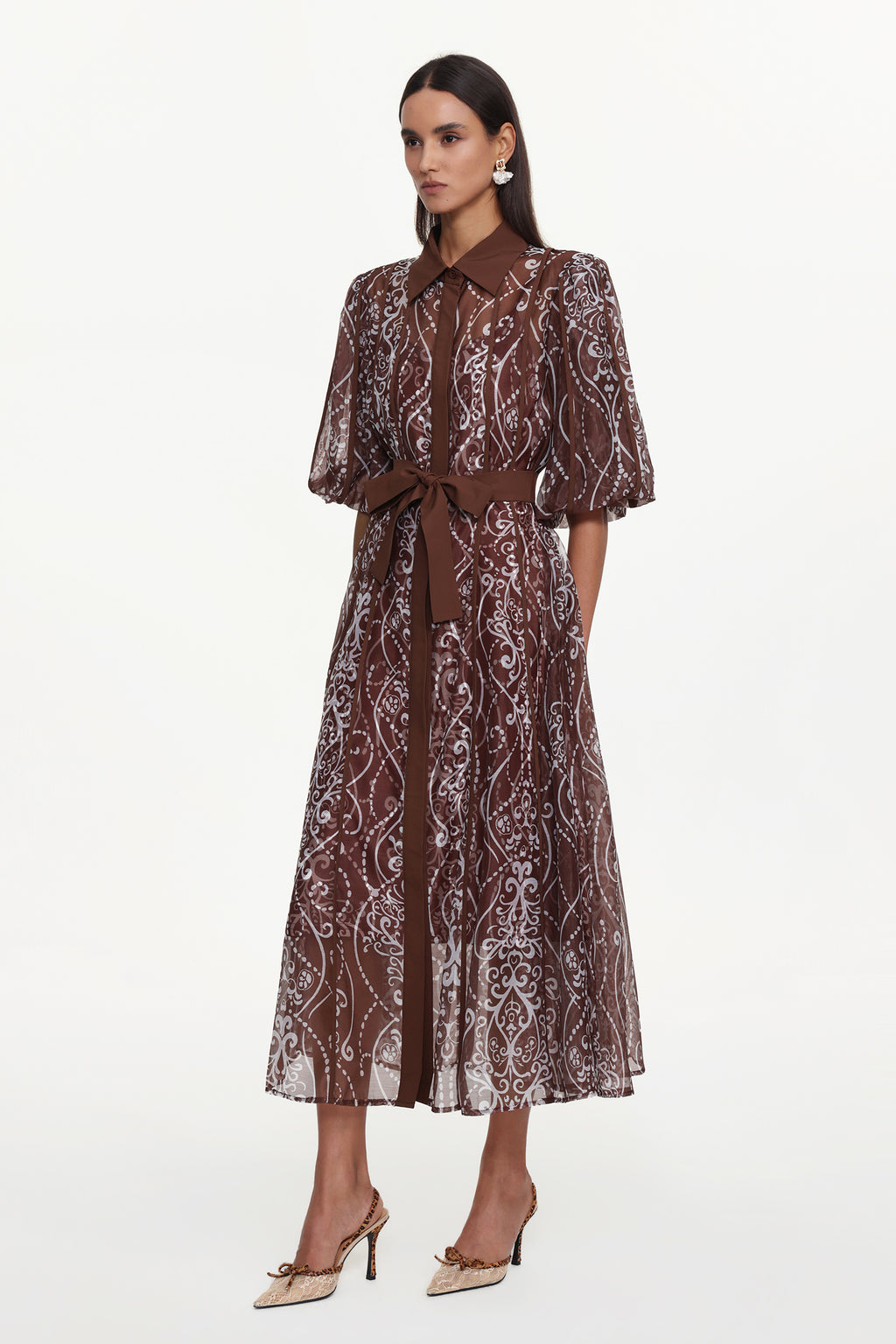 Vakana Resort Flowy Puff Sleeve Floral Woven Brown Maxi Dress	