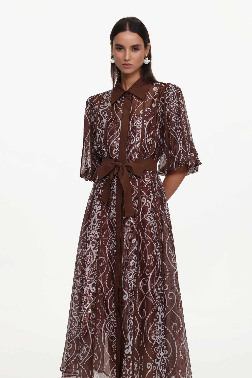 Vakana Resort Flowy Puff Sleeve Floral Woven Brown Maxi Dress	