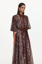 Vakana Resort Flowy Puff Sleeve Floral Woven Brown Maxi Dress	