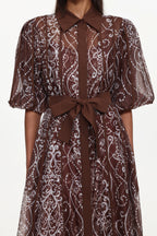 Vakana Resort Flowy Puff Sleeve Floral Woven Brown Maxi Dress	