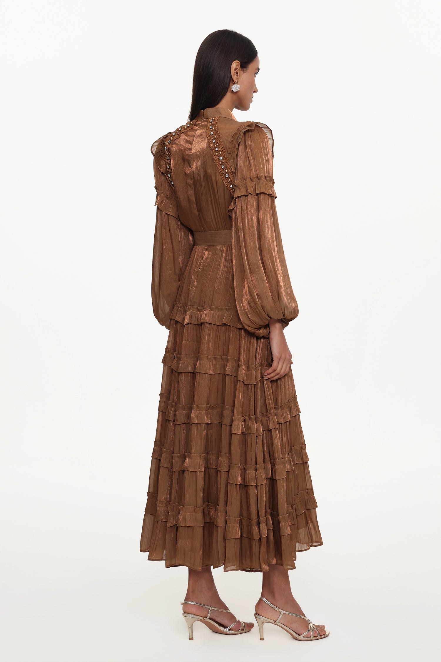 Saturn Resort Flowy Long Sleeve Rhinestone Ruffle Woven Maxi Dress	