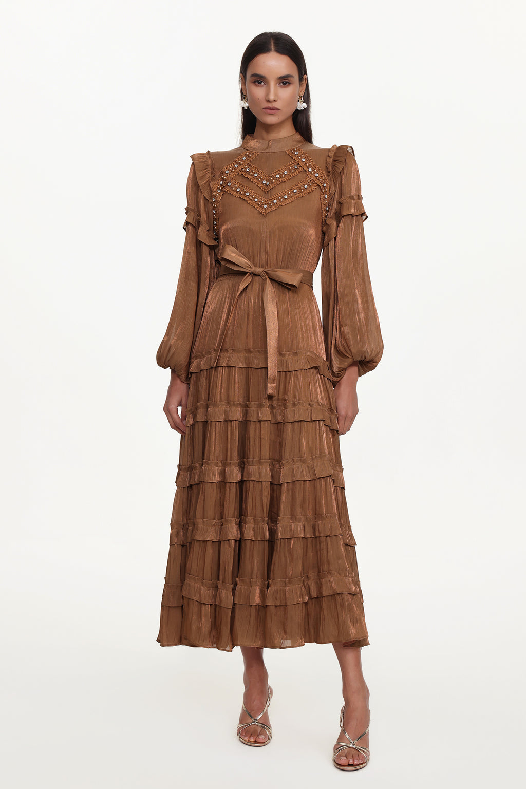 Saturn Resort Flowy Long Sleeve Rhinestone Ruffle Woven Maxi Dress	