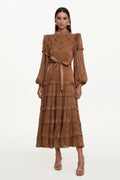 Saturn Resort Flowy Long Sleeve Rhinestone Ruffle Woven Maxi Dress	