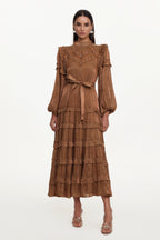 Saturn Resort Flowy Long Sleeve Rhinestone Ruffle Woven Maxi Dress	