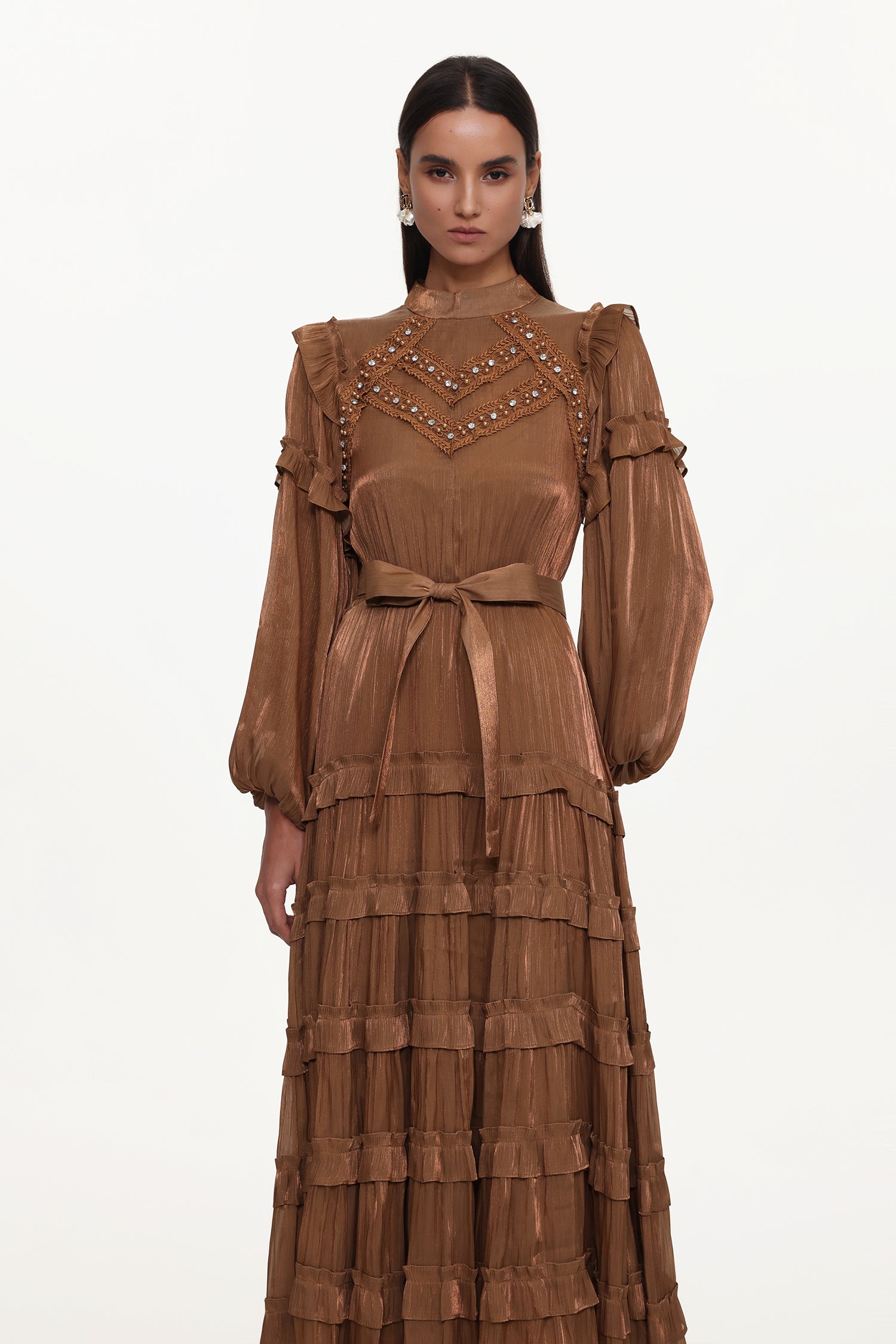 Saturn Resort Flowy Long Sleeve Rhinestone Ruffle Woven Maxi Dress	