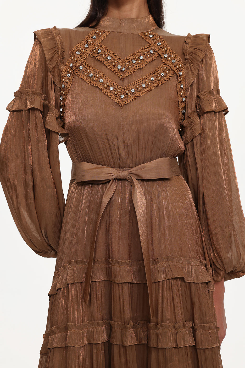 Saturn Resort Flowy Long Sleeve Rhinestone Ruffle Woven Maxi Dress	