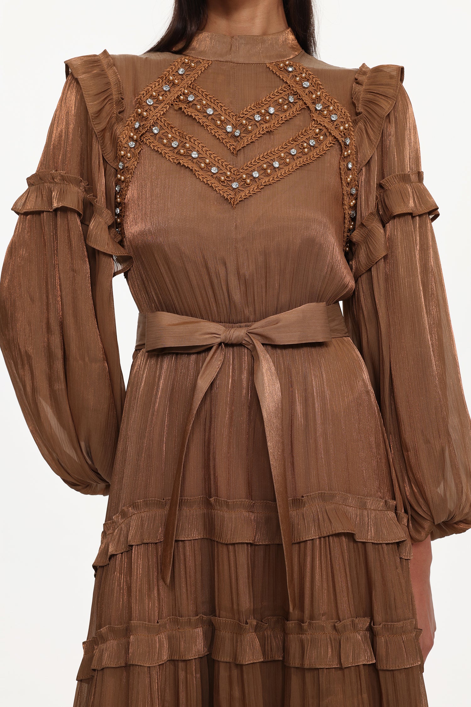 Saturn Resort Flowy Long Sleeve Rhinestone Ruffle Woven Maxi Dress	