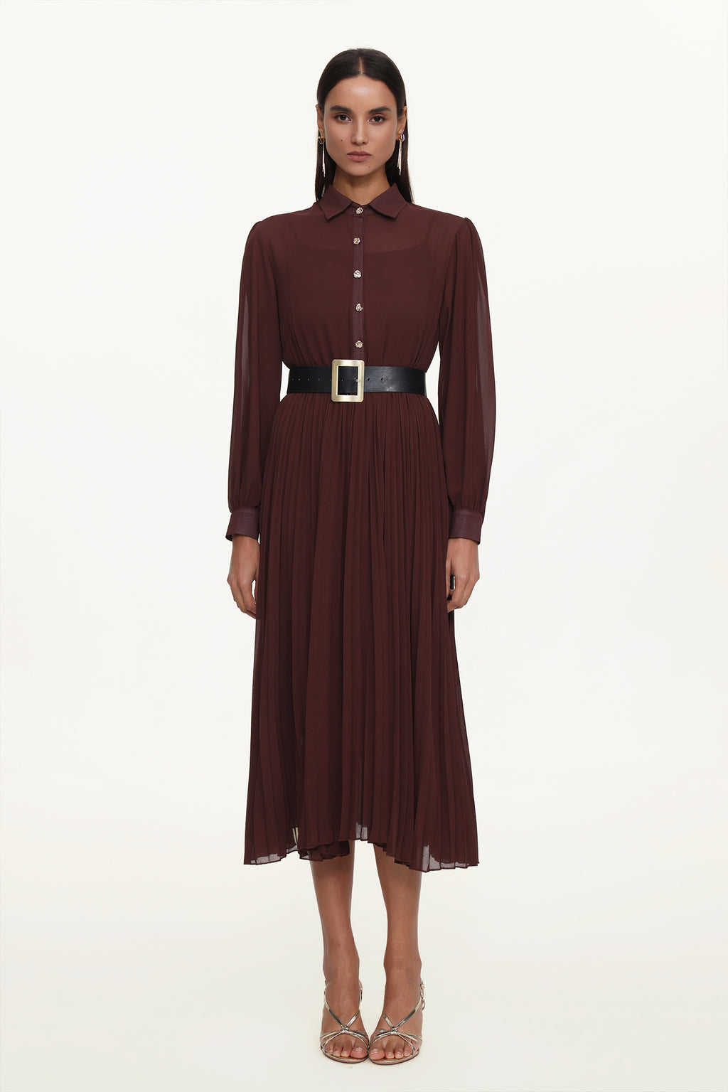 Evie Elegant Flowy Long Sleeve Pleated Woven Maxi Dress	