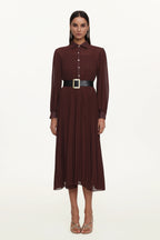 Evie Elegant Flowy Long Sleeve Pleated Woven Maxi Dress	