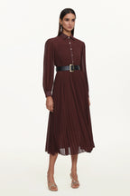 Evie Elegant Flowy Long Sleeve Pleated Woven Maxi Dress	