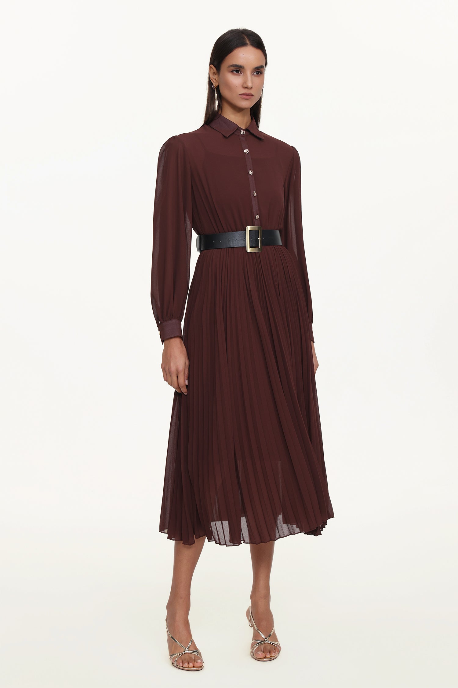 Evie Elegant Flowy Long Sleeve Pleated Woven Maxi Dress	