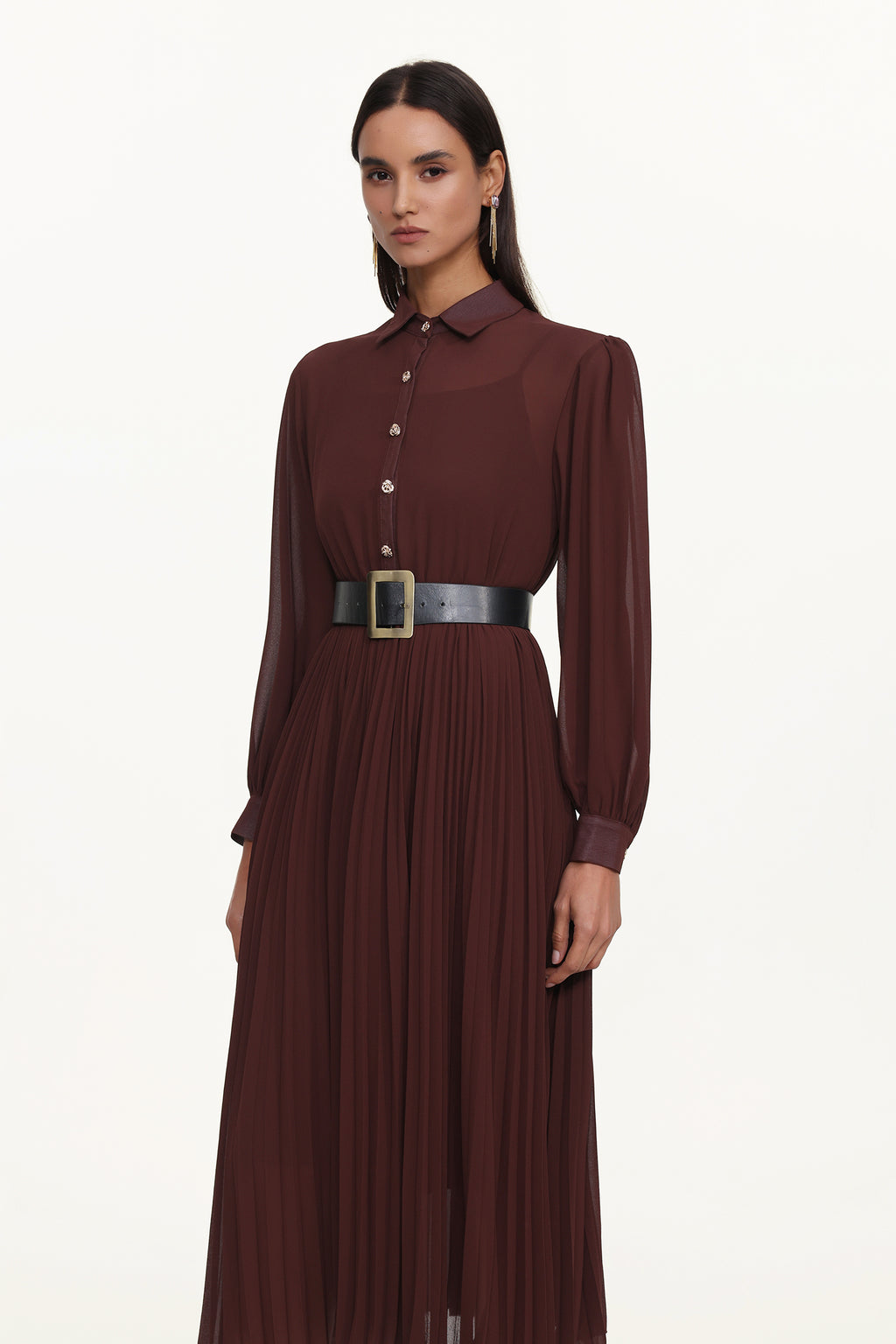 Evie Elegant Flowy Long Sleeve Pleated Woven Maxi Dress	