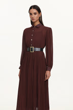 Evie Elegant Flowy Long Sleeve Pleated Woven Maxi Dress	