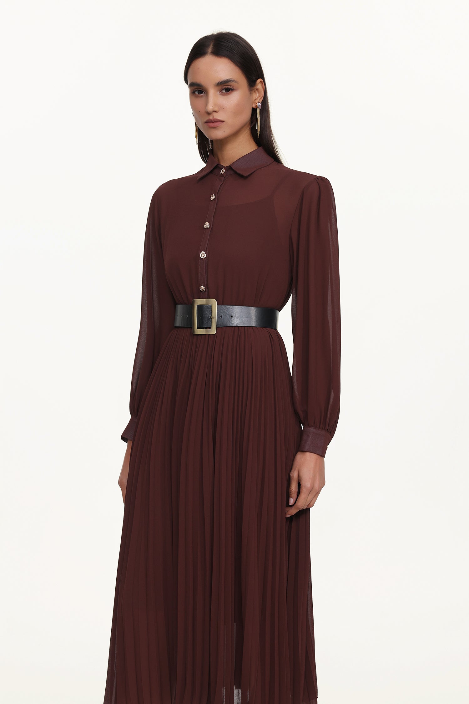 Evie Elegant Flowy Long Sleeve Pleated Woven Maxi Dress	