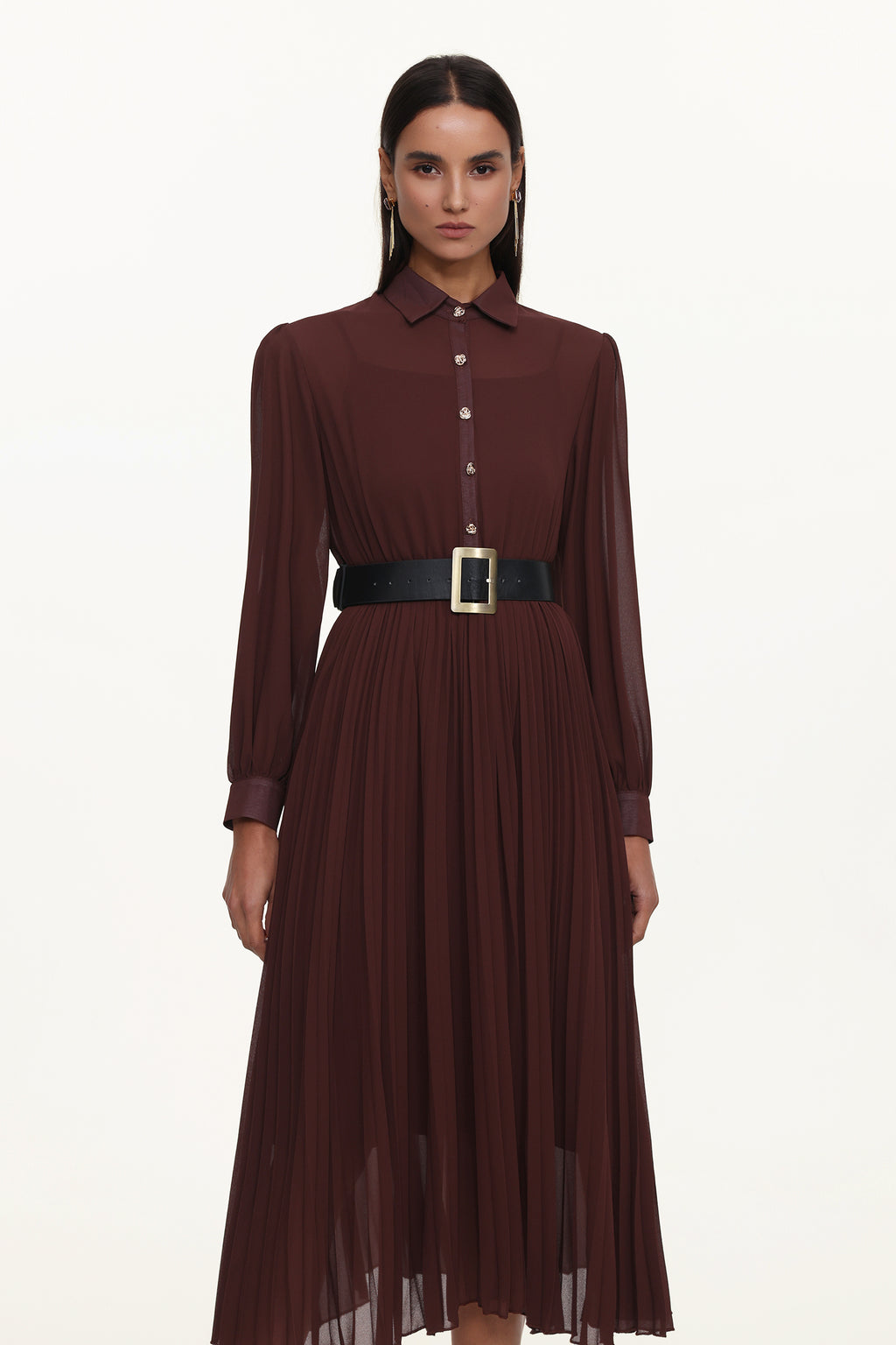Evie Elegant Flowy Long Sleeve Pleated Woven Maxi Dress	