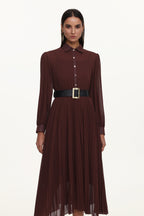 Evie Elegant Flowy Long Sleeve Pleated Woven Maxi Dress	