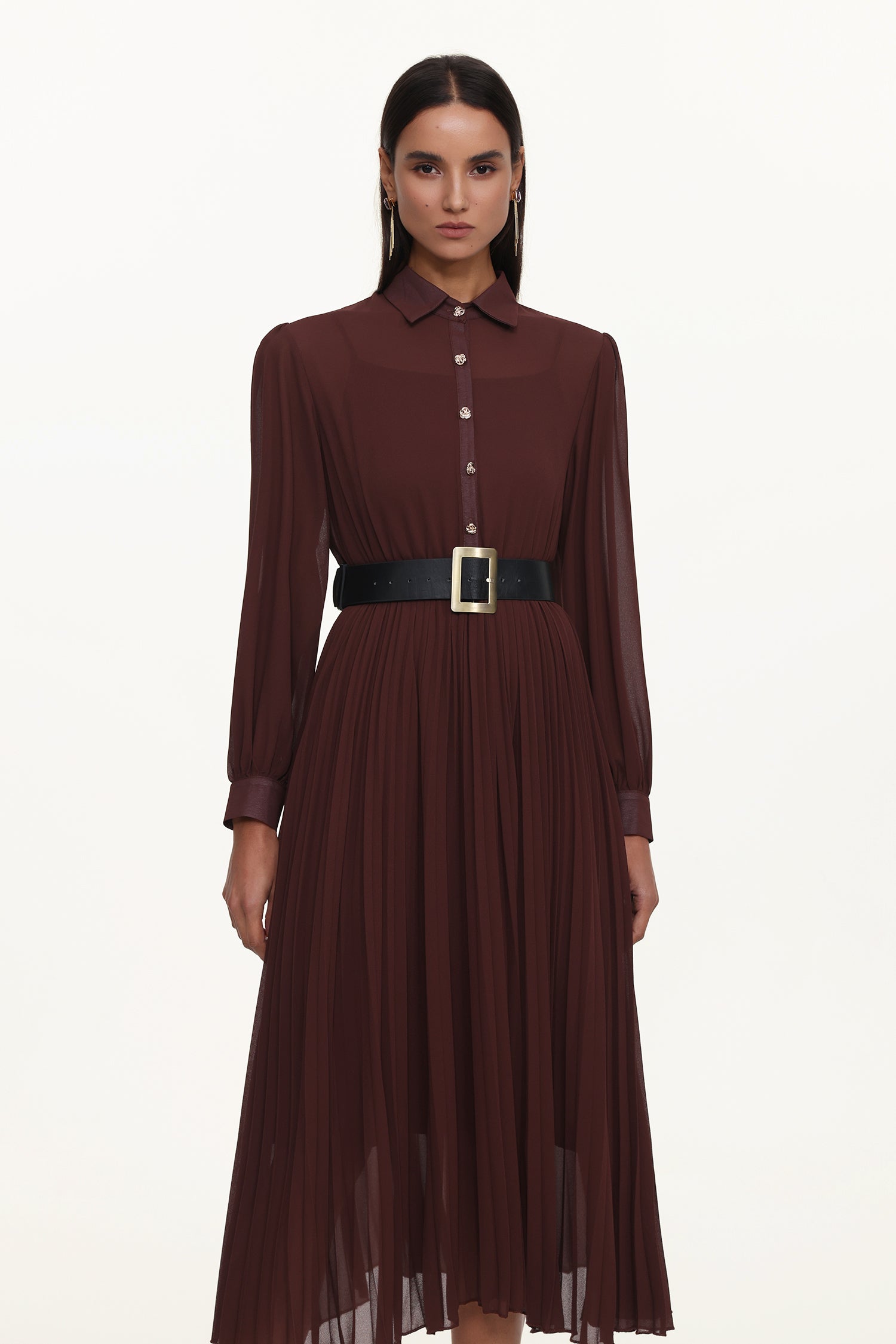 Evie Elegant Flowy Long Sleeve Pleated Woven Maxi Dress	
