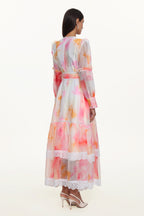 Natalya Resort Flowy Long Sleeve Lace Abstract Print Ruffle Woven Orange Maxi Dress	
