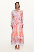 Natalya Resort Flowy Long Sleeve Lace Abstract Print Ruffle Woven Orange Maxi Dress	