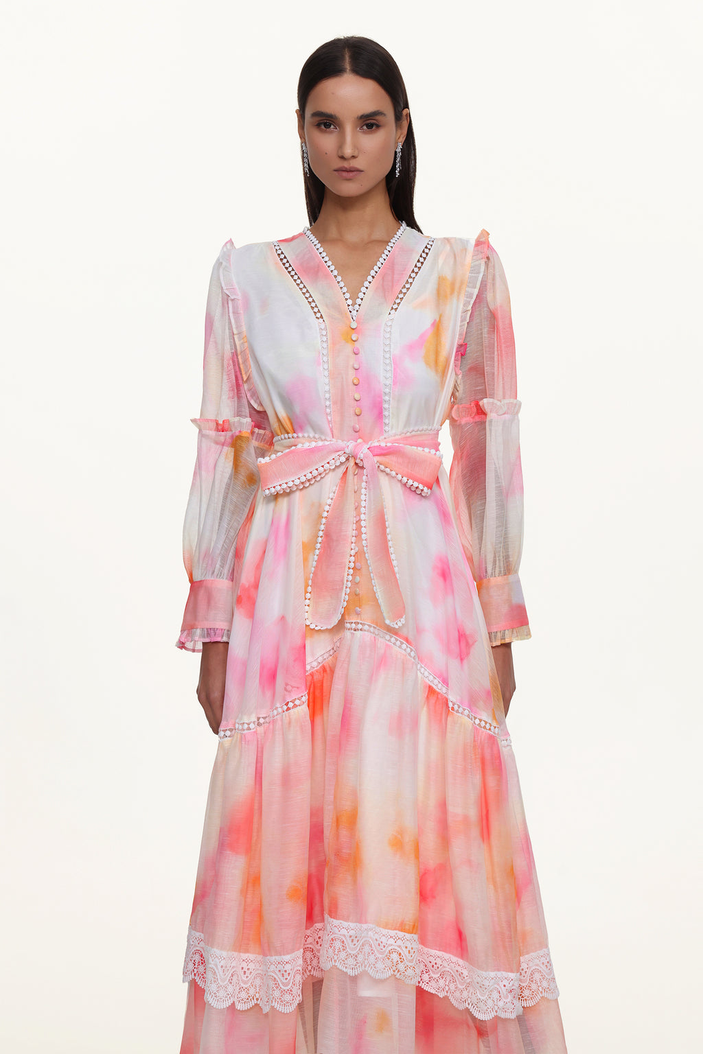 Natalya Resort Flowy Long Sleeve Lace Abstract Print Ruffle Woven Orange Maxi Dress	