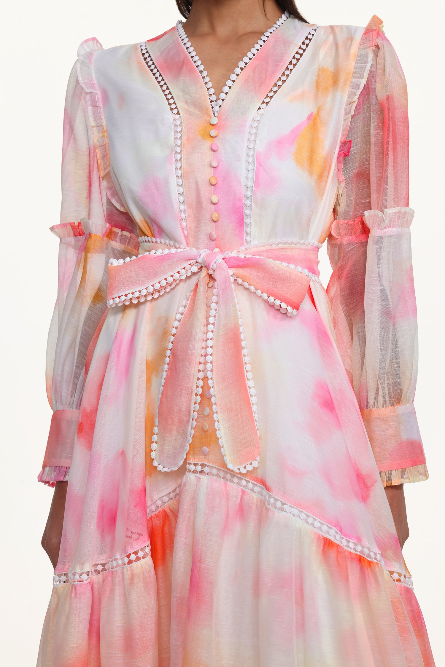Natalya Resort Flowy Long Sleeve Lace Abstract Print Ruffle Woven Orange Maxi Dress	