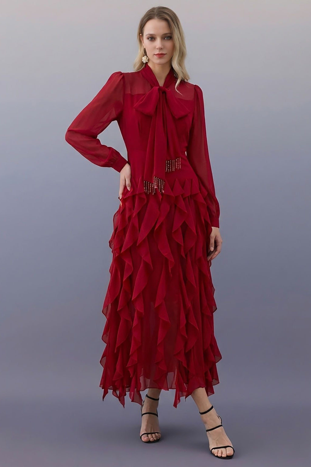 Serena Bow Neck Ruffle Midi Gown-Red