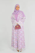 Hand-Beaded Floral Open Abaya Three-Piece Set with Matching Inner Dress & Hijab-Purple