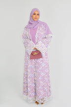 Hand-Beaded Floral Open Abaya Three-Piece Set with Matching Inner Dress & Hijab-Purple