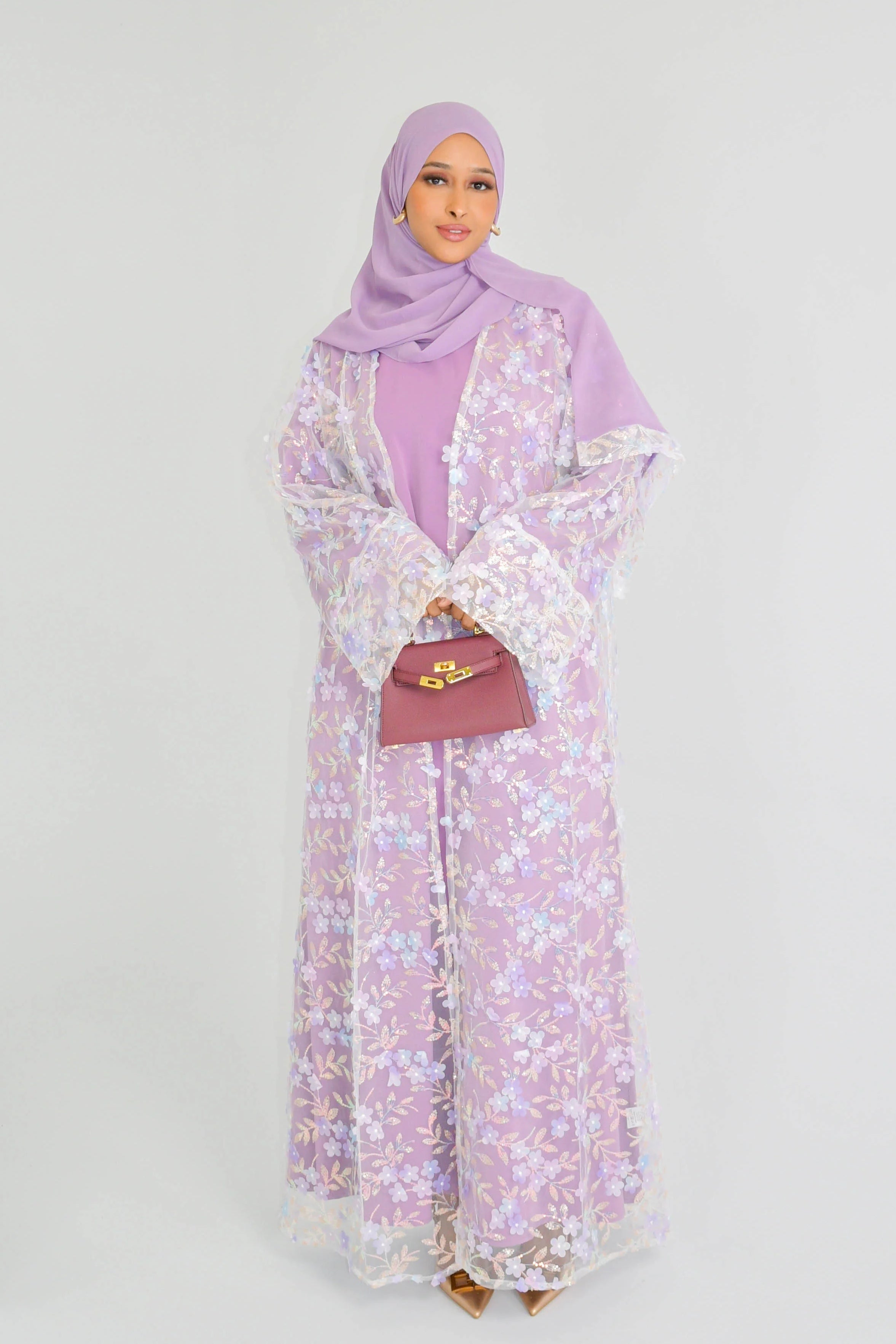 Hand-Beaded Floral Open Abaya Three-Piece Set with Matching Inner Dress & Hijab-Purple