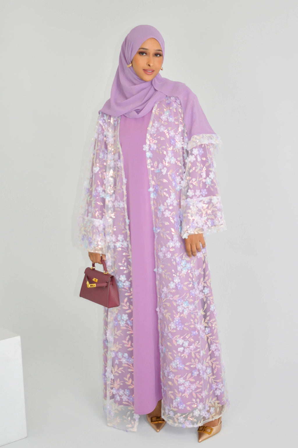 Hand-Beaded Floral Open Abaya Three-Piece Set with Matching Inner Dress & Hijab-Purple