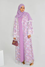 Hand-Beaded Floral Open Abaya Three-Piece Set with Matching Inner Dress & Hijab-Purple