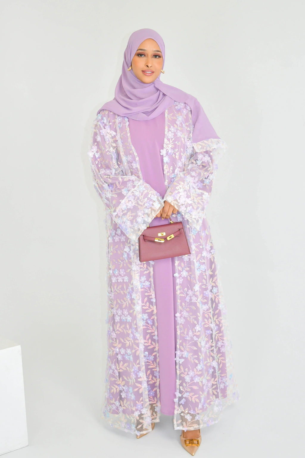 Hand-Beaded Floral Open Abaya Three-Piece Set with Matching Inner Dress & Hijab-Purple