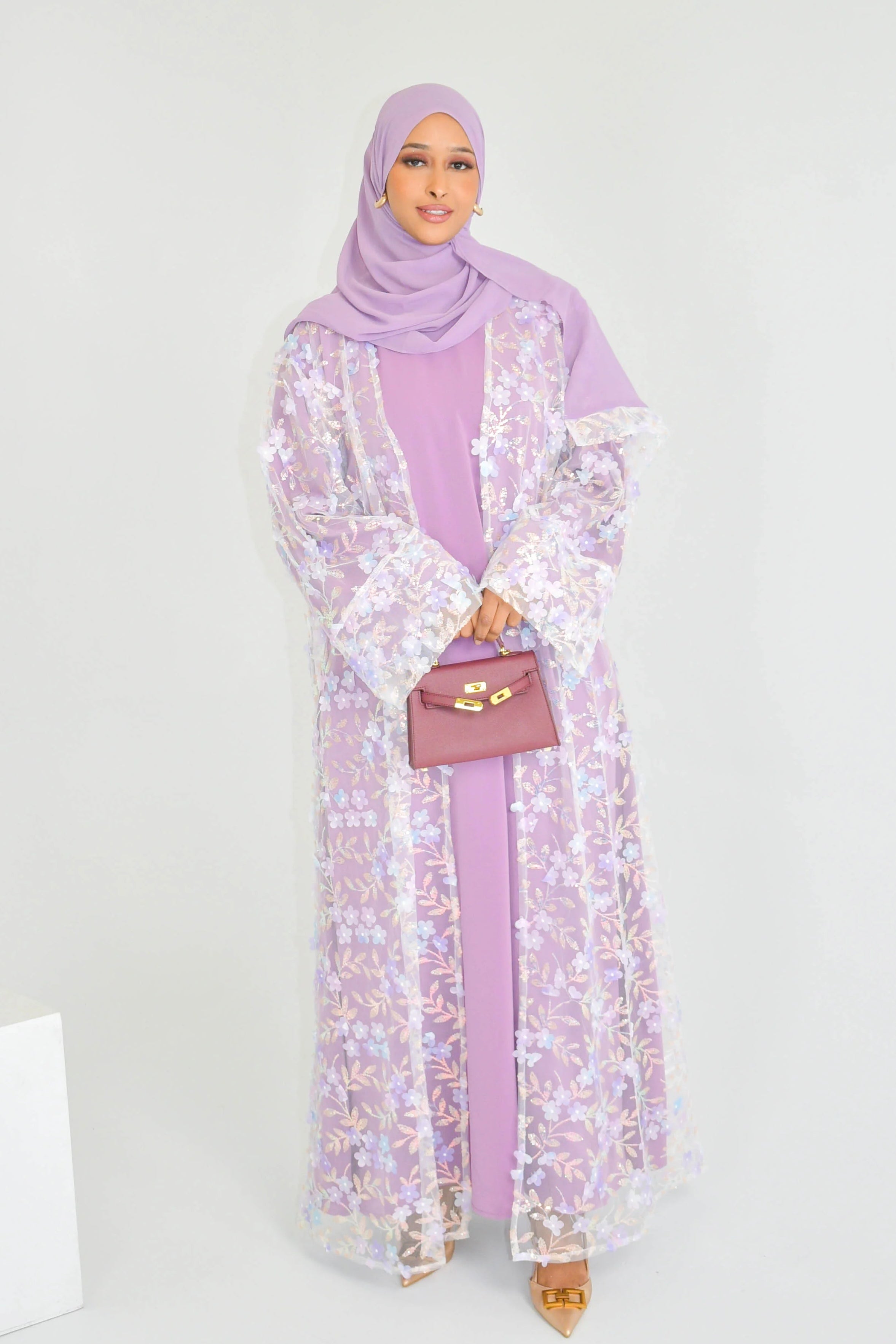Hand-Beaded Floral Open Abaya Three-Piece Set with Matching Inner Dress & Hijab-Purple