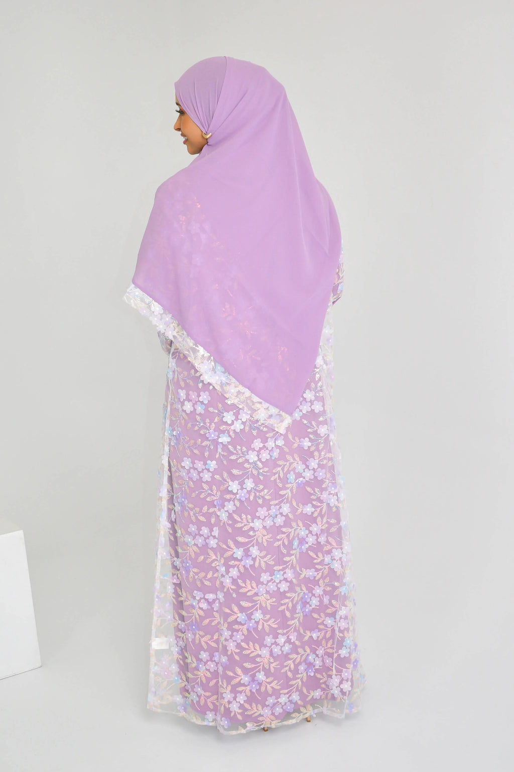 Hand-Beaded Floral Open Abaya Three-Piece Set with Matching Inner Dress & Hijab-Purple