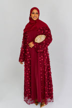 Hand-Beaded Floral Open Abaya Three-Piece Set with Matching Inner Dress & Hijab-Wine