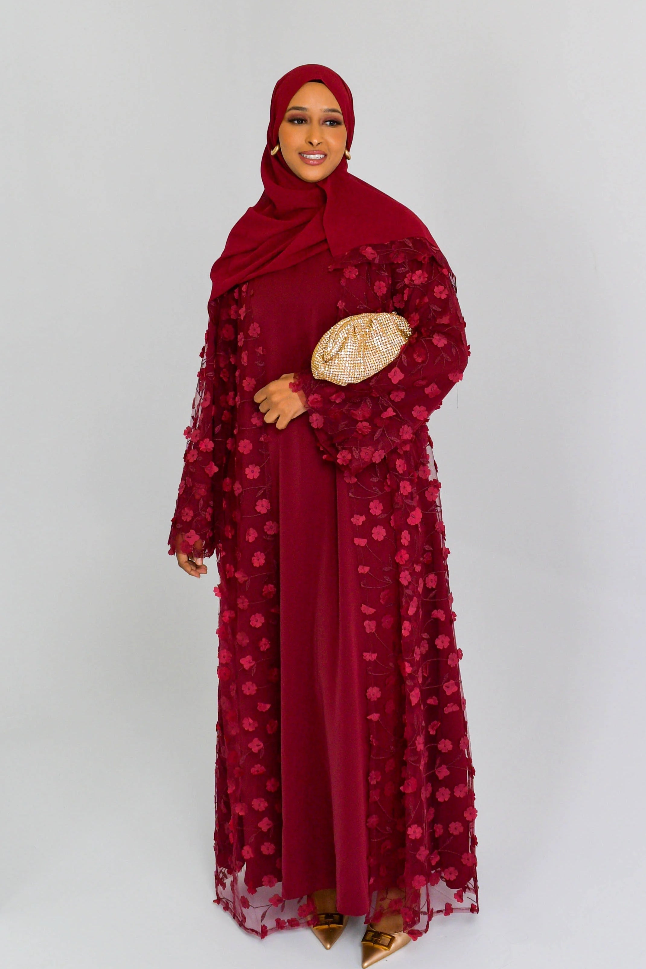 Hand-Beaded Floral Open Abaya Three-Piece Set with Matching Inner Dress & Hijab-Wine