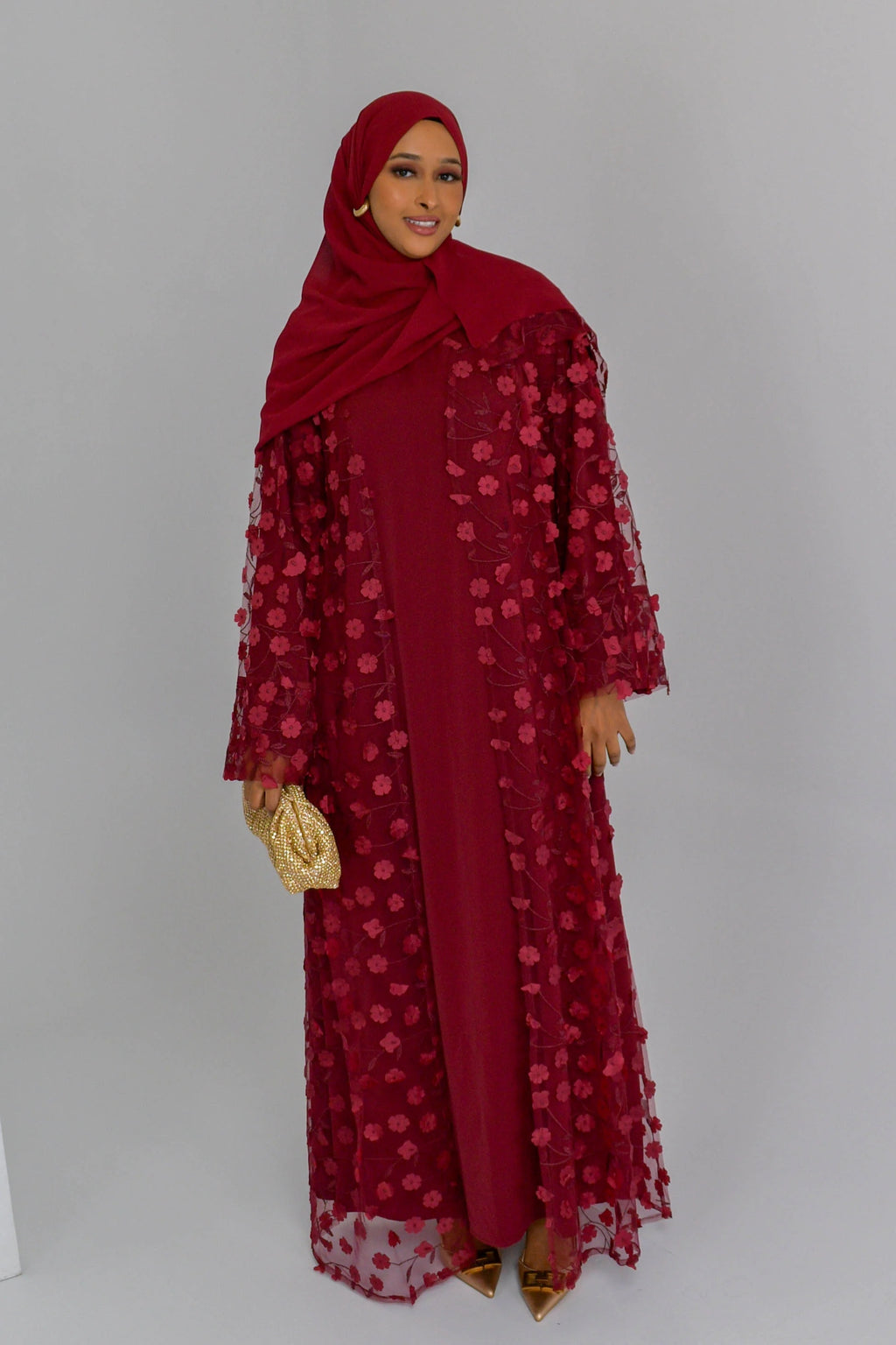 Hand-Beaded Floral Open Abaya Three-Piece Set with Matching Inner Dress & Hijab-Wine