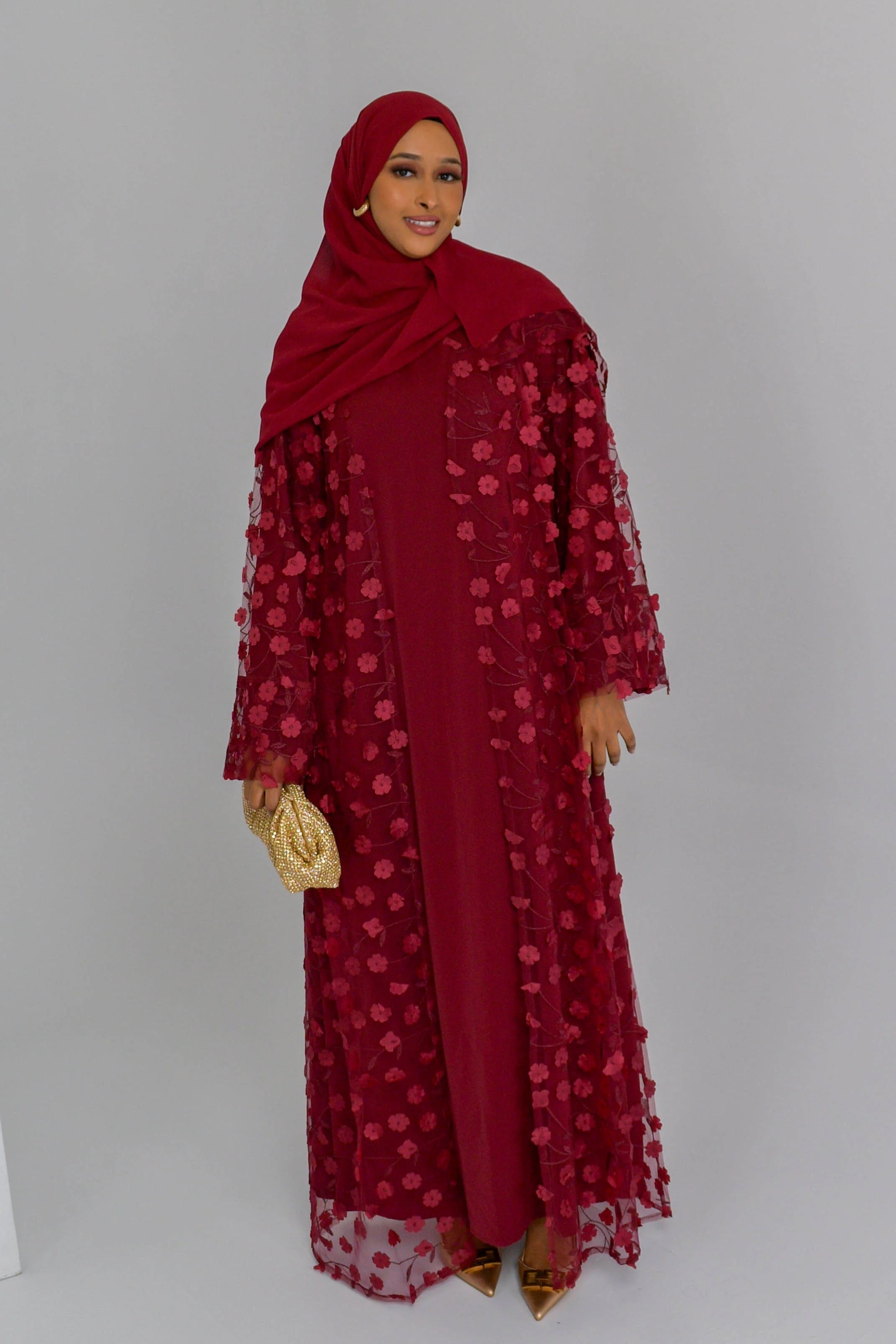 Hand-Beaded Floral Open Abaya Three-Piece Set with Matching Inner Dress & Hijab-Wine